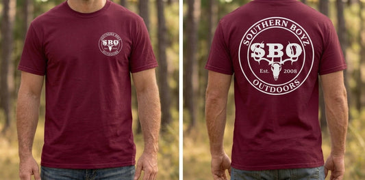 maroon short sleeve t-shirt new round SBO logo