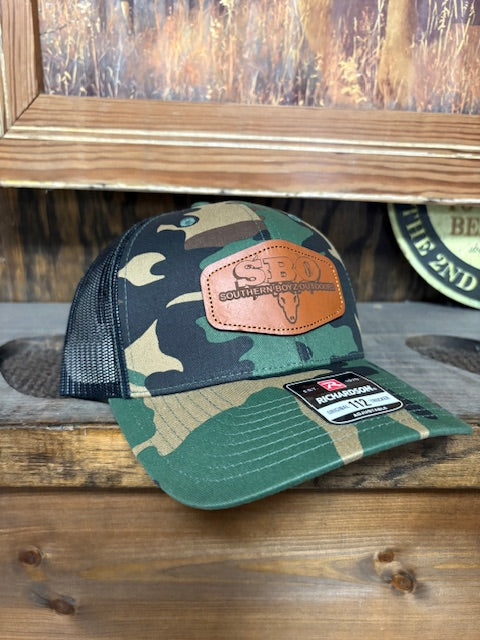 Green Camo SBO leather patch Richardson 112 hat